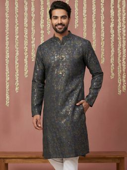 Jompers - Navy Blue Men Cotton Blend Foil Print Kurta