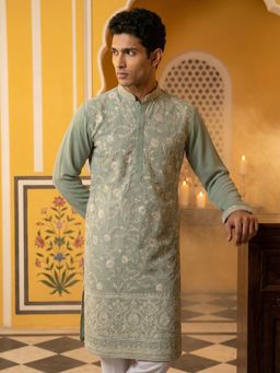 Jompers - Green Classic Silk Blend Embroidered Kurta