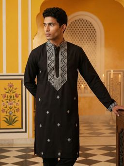 Jompers - Black Embroidered Silk Blend Straight Kurta