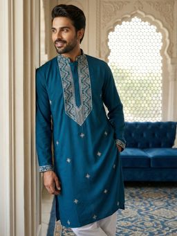 Jompers - Teal Embroidered Silk Blend Straight Kurta