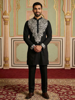 Jompers - Navy Blue Japanese Fabric Embroidered Kurta with Pyjama