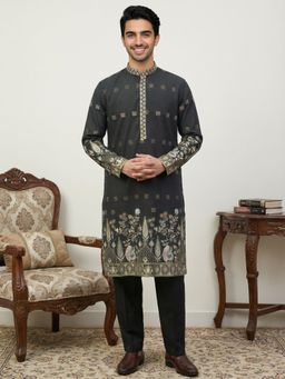 Jompers - Black Men Silk Blend Embroidered Kurta with Pyjama