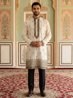 Jompers - White Men Embroidered Silk Blend Kurta with Pyjama