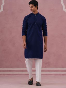 Jompers - Navy Blue Traditional Cotton Blend Embroidered Kurta with Pyjama