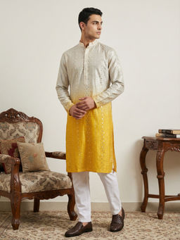 Jompers - Yellow Ombre Silk Blend Sequin Work Kurta with Pyjama