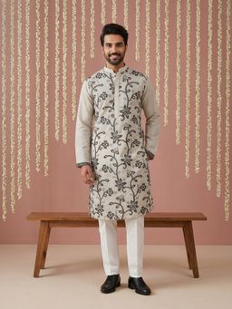 Jompers - Grey Men’S Silk Blend Embroidered Kurta with Pyjama