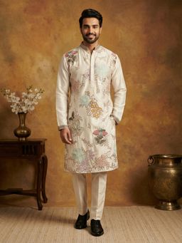 Jompers - Cream White Silk Blend Embroidered Kurta with Pyjama