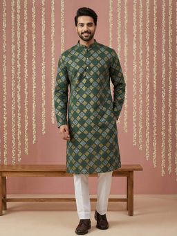 Jompers - Olive Men Cotton Blend Geometric Foil Kurta with Pyjama