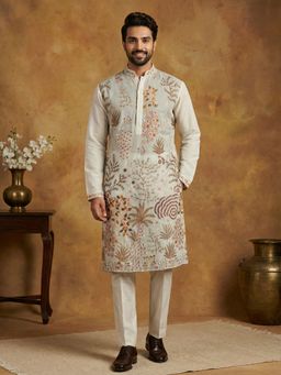 Jompers - White Men Embroidered Silk Blend Kurta with Pyjama