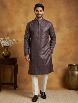 Jompers - Maroon Men Cotton Blend Floral Foil Kurta with Pyjama