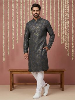 Jompers - Navy Blue Men Cotton Blend Floral Foil Kurta with Pyjama