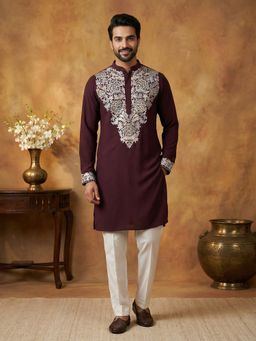 Jompers - Maroon Japanese Fabric Embroidered Kurta with Pyjama