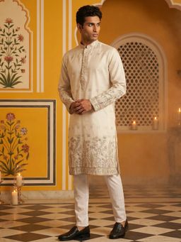 Jompers - Cream Men Silk Blend Embroidered Kurta with Pyjama