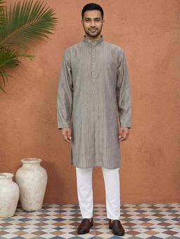 Jompers - Grey Embroidered Silk Blend Straight Kurta with Pyjama