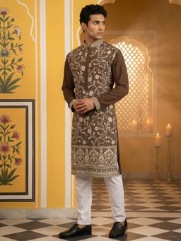 Jompers - Brown Classic Silk Blend Embroidered Kurta with Pyjama