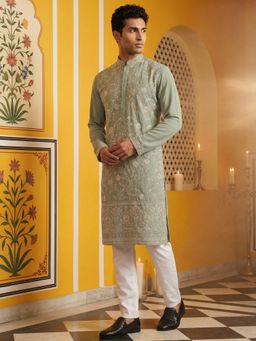Jompers - Green Classic Silk Blend Embroidered Kurta with Pyjama
