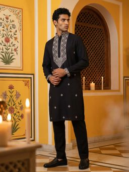 Jompers - Black Embroidered Silk Blend Straight Kurta with Pyjama