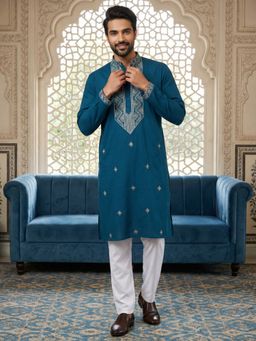 Jompers - Teal Embroidered Silk Blend Straight Kurta with Pyjama