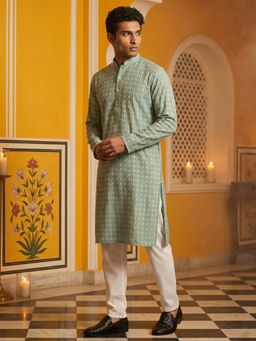 Jompers - Green Embroidered Cotton Blend Kurta with Pyjama