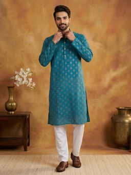 Jompers - Blue Classic Cotton Blend Foil Print Kurta with Pyjama
