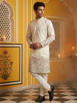 Jompers - Cream Men Silk Blend Embroidered Kurta with Pyjama