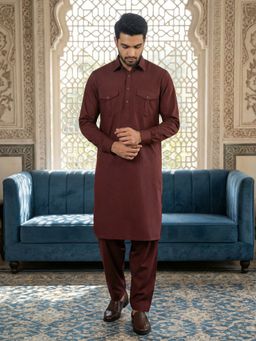 Jompers - Maroon Men Solid Pathani Kurta with Salwar