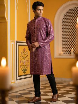 Jompers - Purple Silk Blend Designer Embroidered Kurta with Pyjama