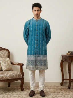 Jompers - Blue Designer Embroidery Silk Blend Kurta with Pyjama