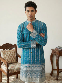 Jompers - Blue Men Designer Embroidery Silk Blend Kurta