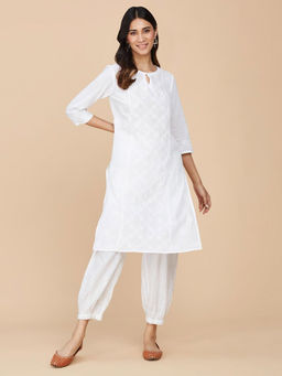 Fabindia - White Cotton Embroidered Knee Length Kurta