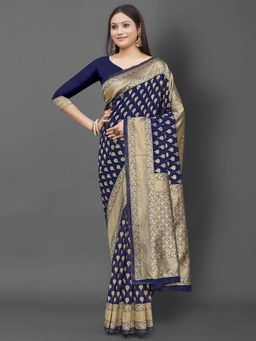 Akhilam - Women Silk Blend Navy Blue Celebrity Saree with Unstitched Blouse