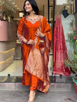 Gahan - Roman Silk Neck Embroidered & Sequinned Rust Kurta Pant & Banarasi Dupatta (Set of 3)