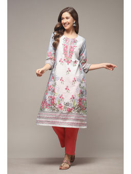 Biba - Womens Sky Blue Printed Cotton Straight Kurta
