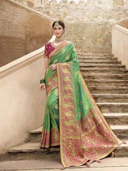Odette - Green Woven Silk Saree with Unstitched Blouse
