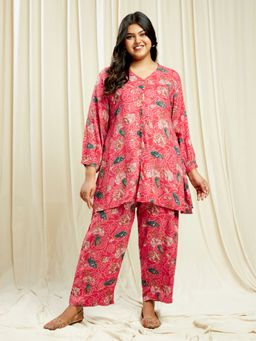 Globus - Gloplus Women Pink V-Neck Floral Print Tunic With Wide Leg Trousers Plus Size Co-Ord Set