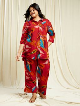 Globus - Gloplus Women Red Abstract Print Shirt Style Tunic with Trousers Plus Size Fusion Co-Ord Set