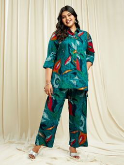 Globus - Gloplus Women Teal Abstract Print Shirt Style Tunic with Trousers Plus Size Fusion Co-Ord Set