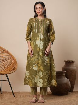 FASHOR - Floral Printed Embroidered A-Line Kurta With Pant - Green (Set of 2)