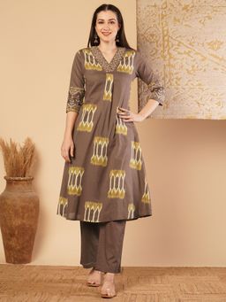 FASHOR - Ethnic Printed A-Line Pleated Kurta & Pant - Brown (Set of 2)