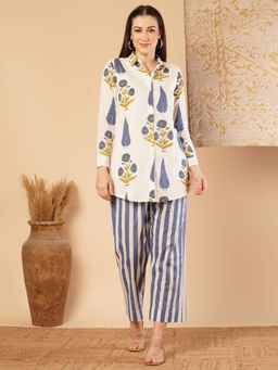 FASHOR - Ethnic Floral Printed Straight Fit Shirt With Striped Pant - White (Set of 2)