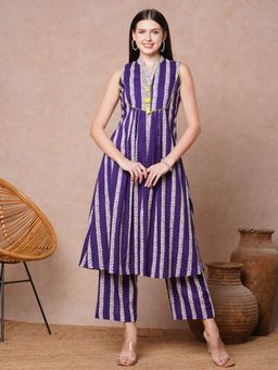 FASHOR - Ethnic Stripes Printed A-Line Co-Ord - Purple (Set of 2)