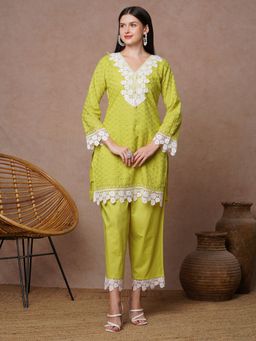 FASHOR - Ethnic Floral Embroidered Straight Fit Kurti & Pant - Lime Green (Set of 2)