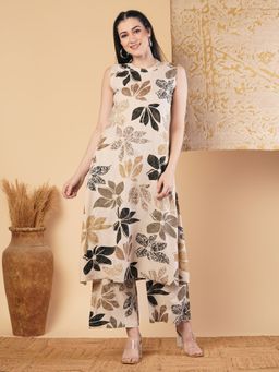 FASHOR - Abstract Floral Printed A-Line Panelled Co-Ord - Cream (Set of 2)