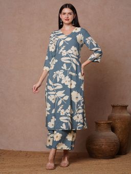 FASHOR - Abstract Floral Printed Straight Fit Co-Ord - Blue (Set of 2)