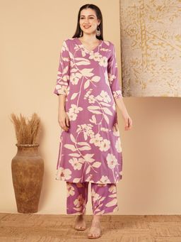FASHOR - Abstract Floral Printed Straight Fit Co-Ord - Mauve (Set of 2)
