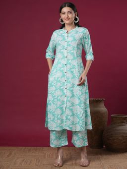 FASHOR - Abstract Floral Printed A-Line Panelled Co-Ord - Mint Green (Set of 2)