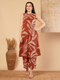 FASHOR - Abstract Floral Printed A-Line Panelled Co-Ord - Rust (Set of 2)