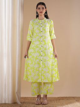 FASHOR - Abstract Floral Printed A-Line Panelled Co-Ord - Green (Set of 2)