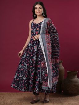 FASHOR - Ethnic Floral Printed Anarkali Kurta With Pant & Dupatta - Blue (Set of 3)
