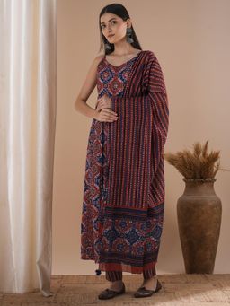 FASHOR - Ajrakh Printed And Embroidered Anarkali Kurta With Pant & Dupatta - Maroon (Set of 3)
